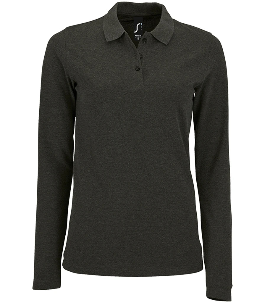 SOL'S Ladies Perfect Long Sleeve Piqué Polo Shirt — Charcoal Marl
