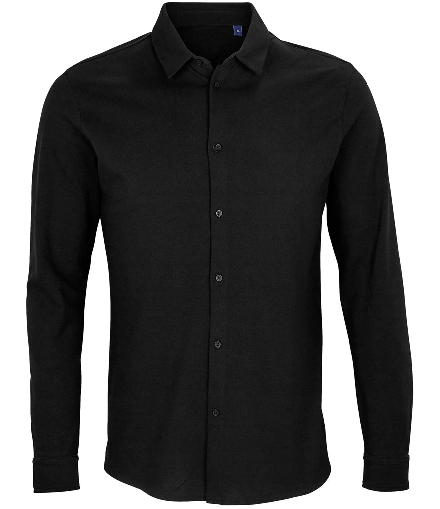 NEOBLU Basile Organic Cotton Long Sleeve Piqué Shirt — Deep Black