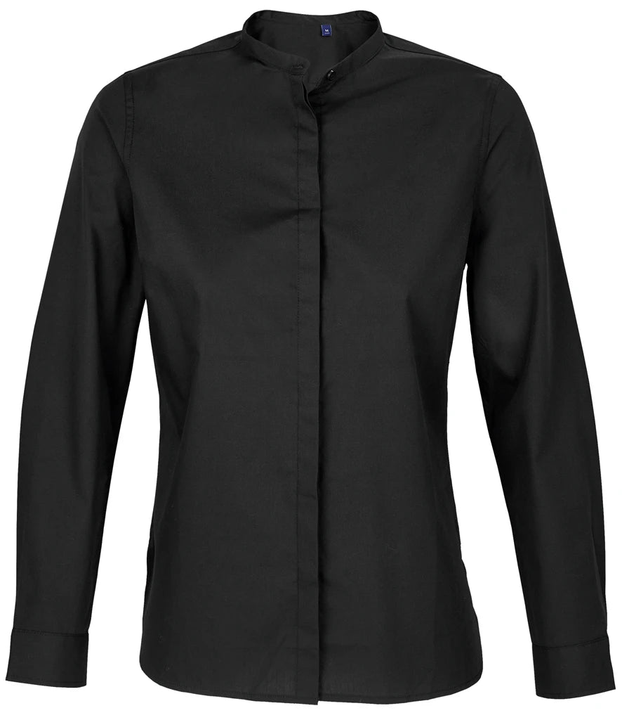 NEOBLU Ladies Bart Mao Collar Long Sleeve Poplin Shirt — Deep Black