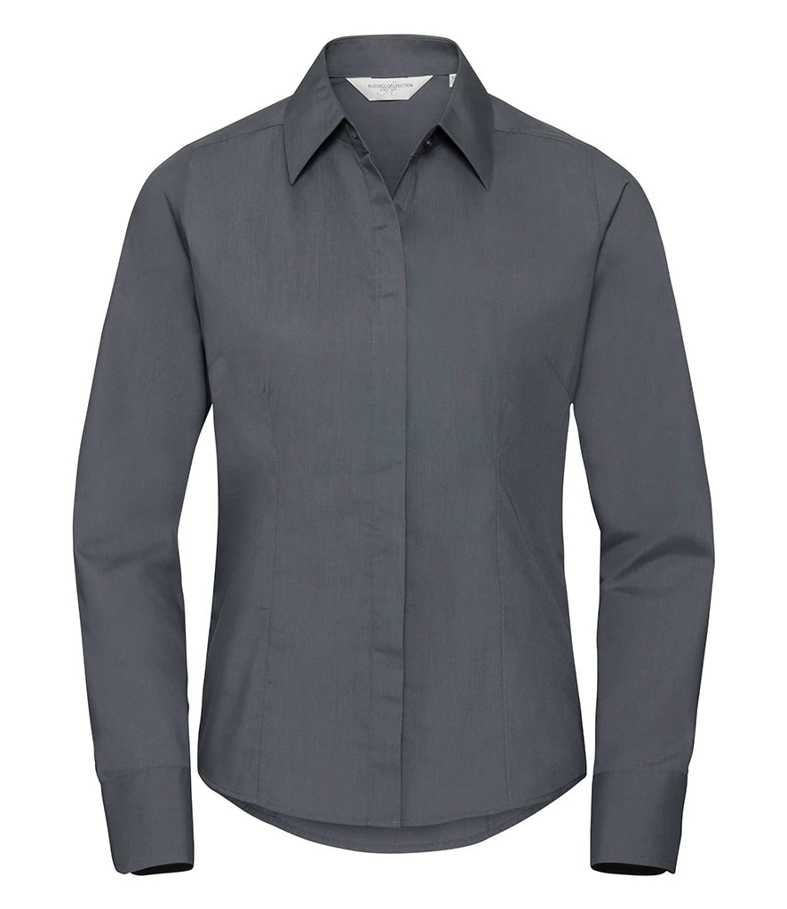 Russell Athletic Collection Ladies Long Sleeve Fitted Poplin Shirt — Convoy Grey