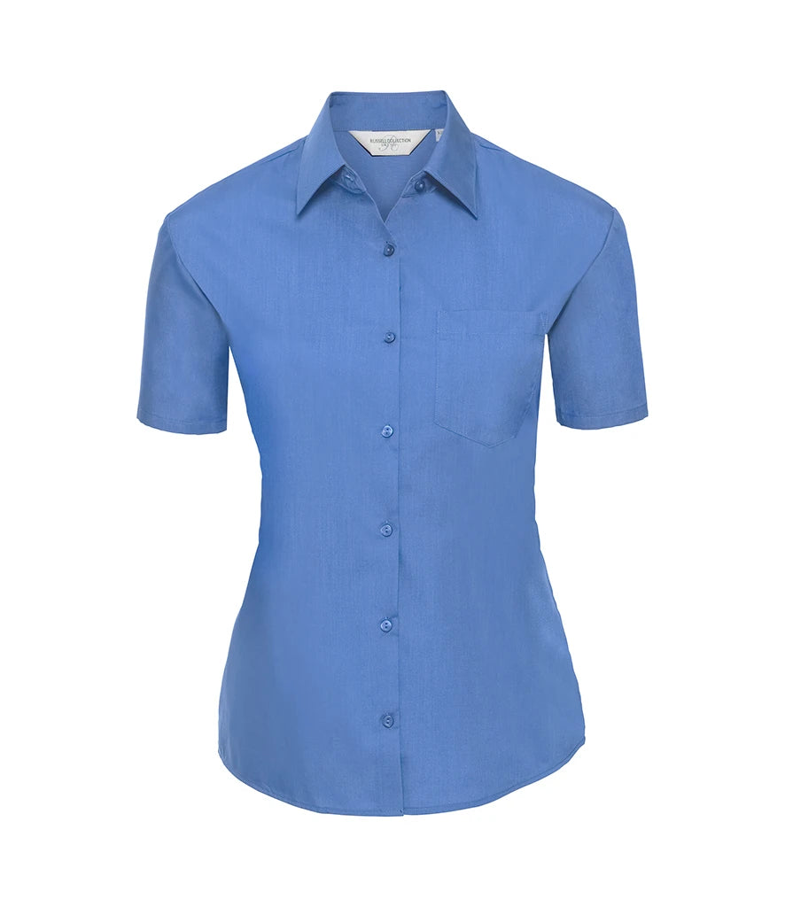 Russell Athletic Collection Ladies Short Sleeve Easy Care Poplin Shirt — Corporate Blue