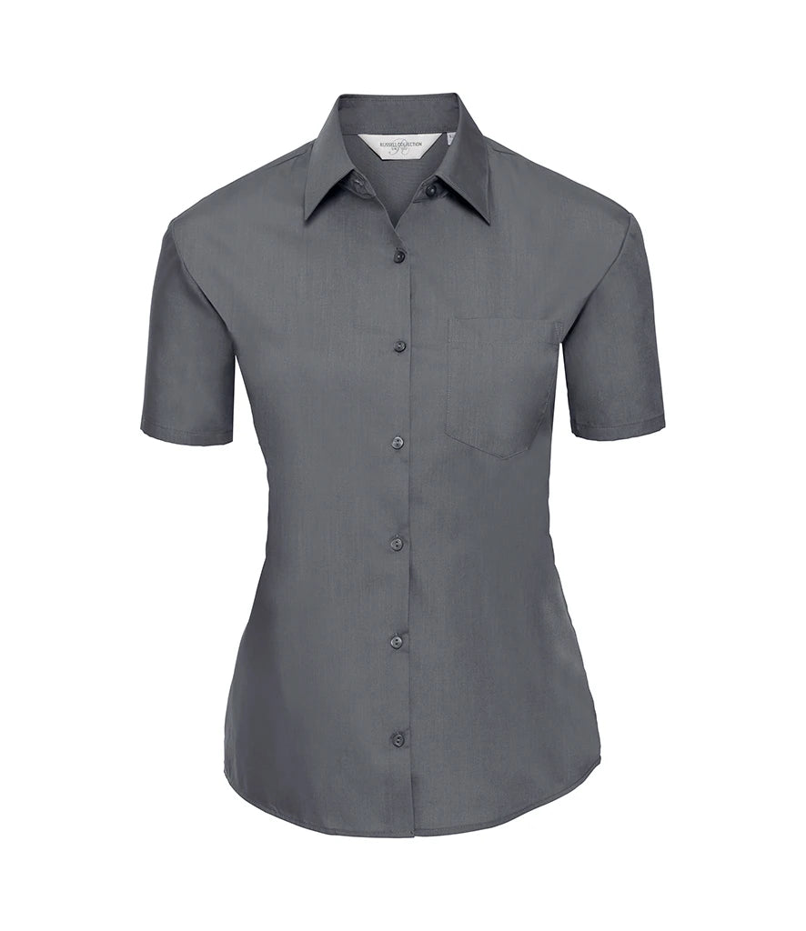 Russell Athletic Collection Ladies Short Sleeve Easy Care Poplin Shirt — Convoy Grey