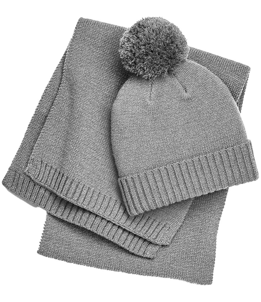 Beechfield Knitted Scarf and Beanie Gift Set — Light Grey Fleck
