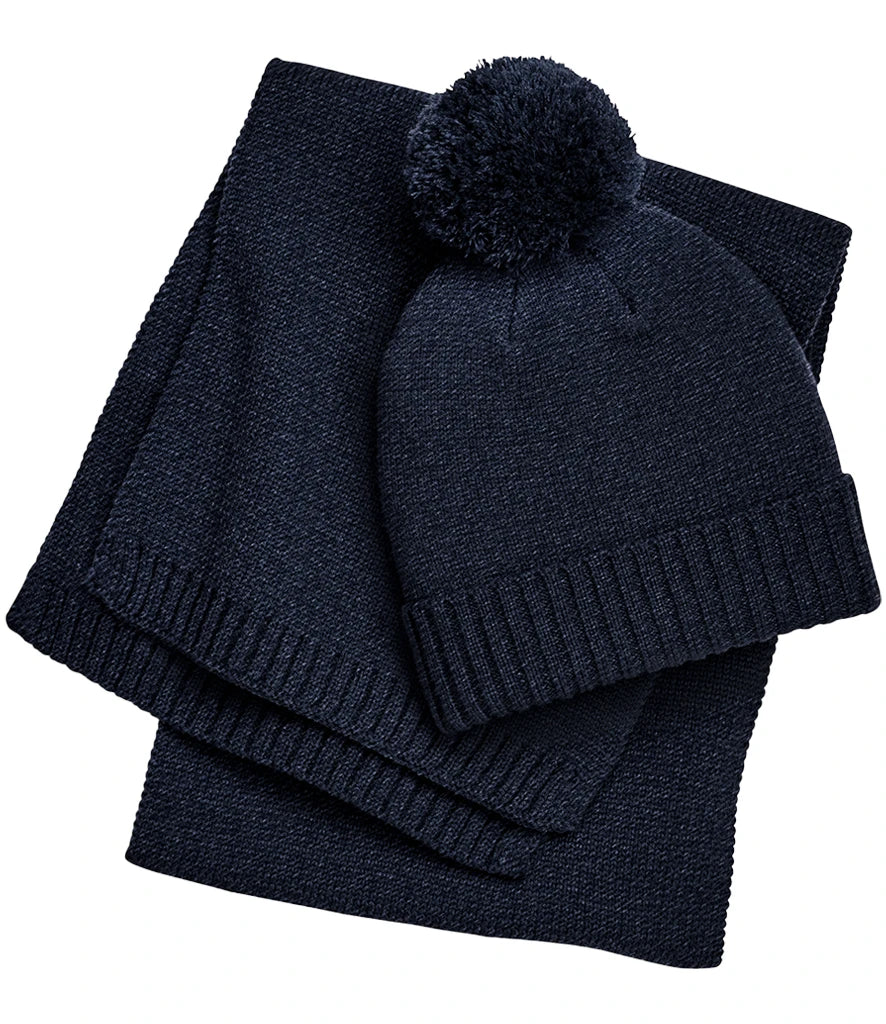 Beechfield Knitted Scarf and Beanie Gift Set — Navy Fleck