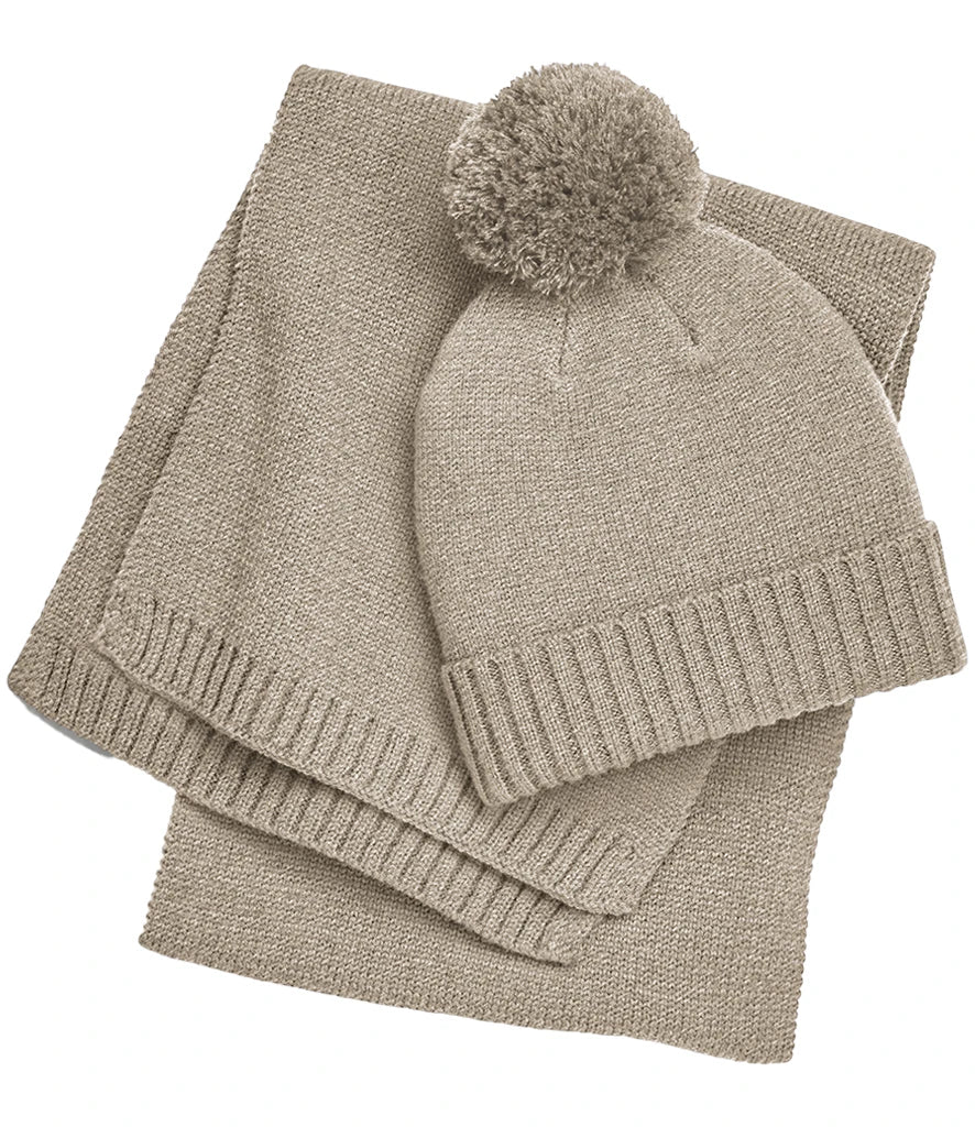 Beechfield Knitted Scarf and Beanie Gift Set — Oatmeal Fleck