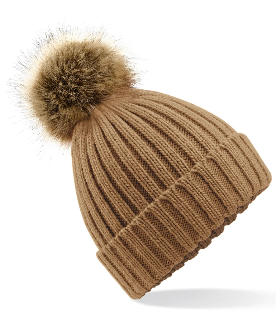 Beechfield Faux Fur Pop Pom Chunky Beanie — Biscuit