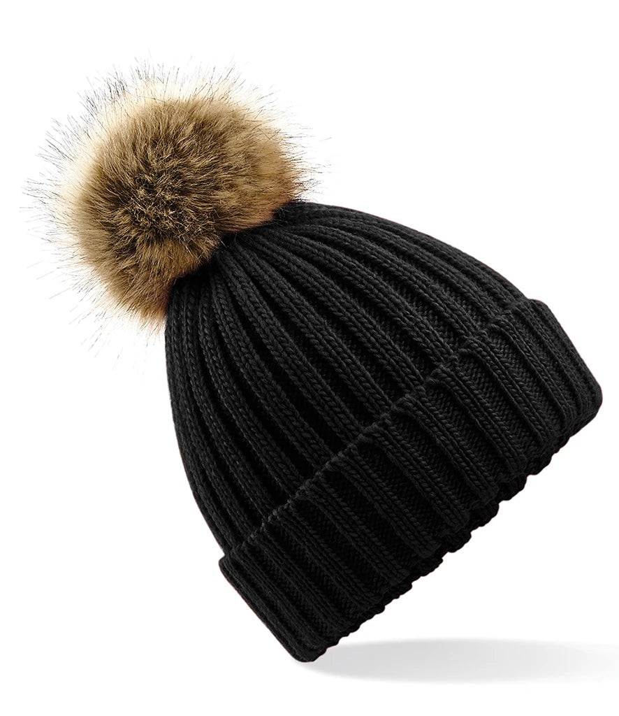 Beechfield Faux Fur Pop Pom Chunky Beanie — Black