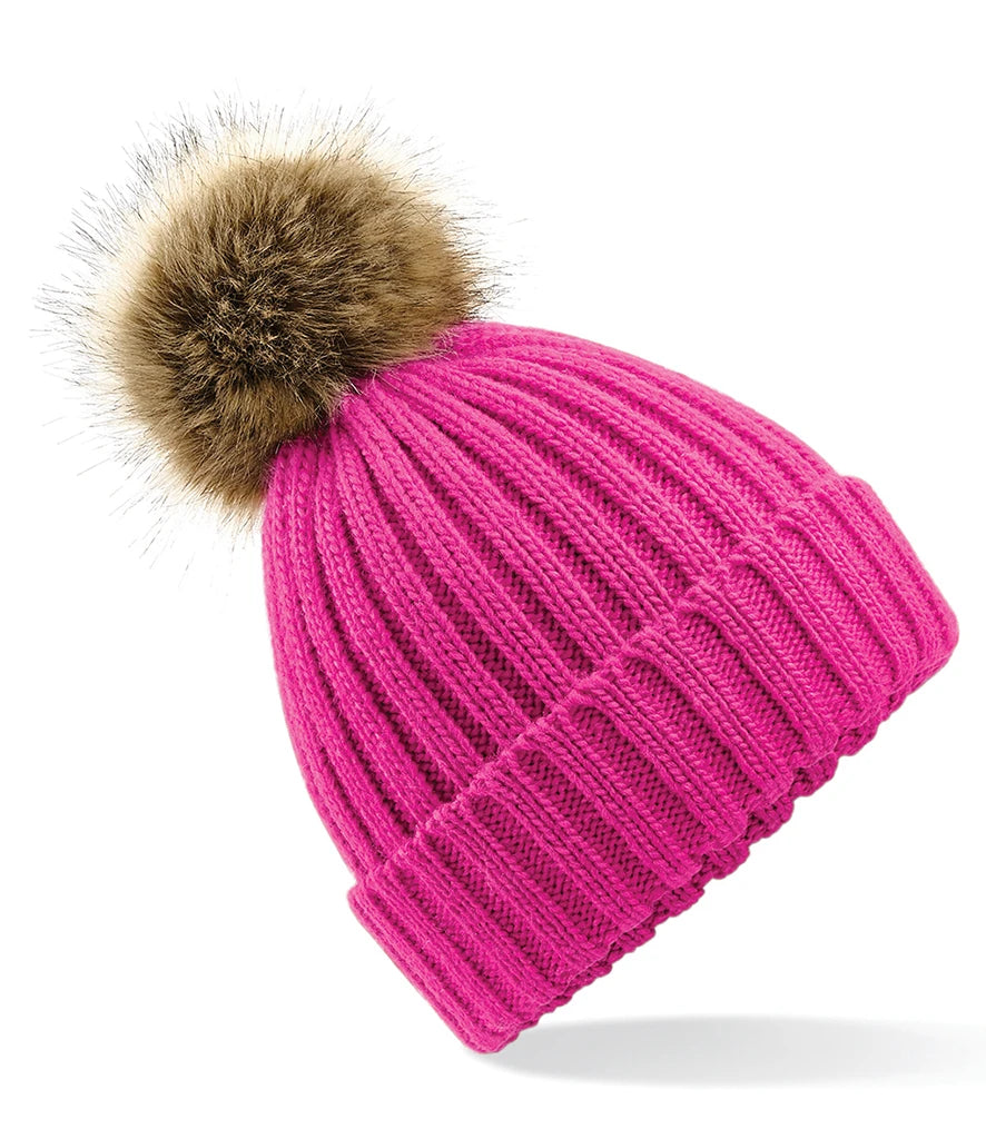 Beechfield Faux Fur Pop Pom Chunky Beanie — Fuchsia
