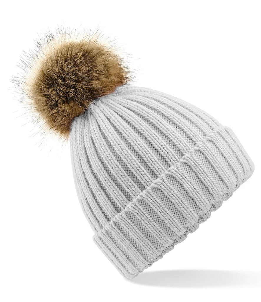Beechfield Faux Fur Pop Pom Chunky Beanie — Light Grey
