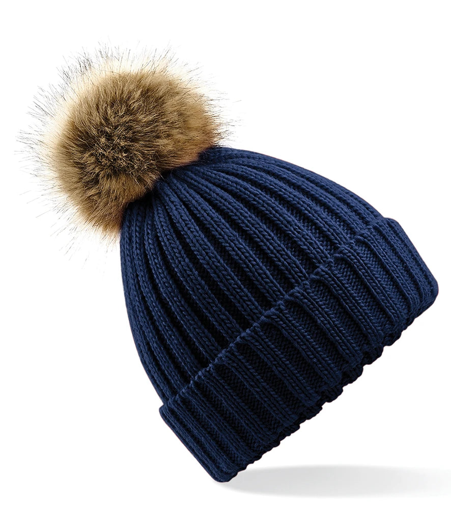 Beechfield Faux Fur Pop Pom Chunky Beanie — Navy