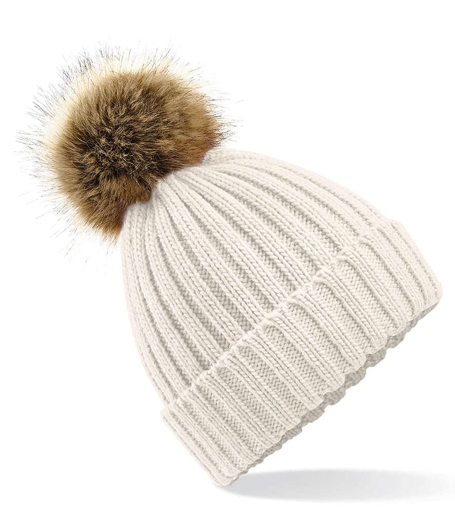 Beechfield Faux Fur Pop Pom Chunky Beanie — Oatmeal