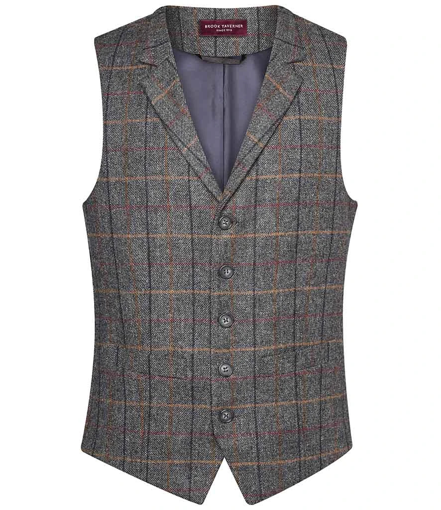 Brook Taverner Memphis Tweed Waistcoat — Grey Brown Check