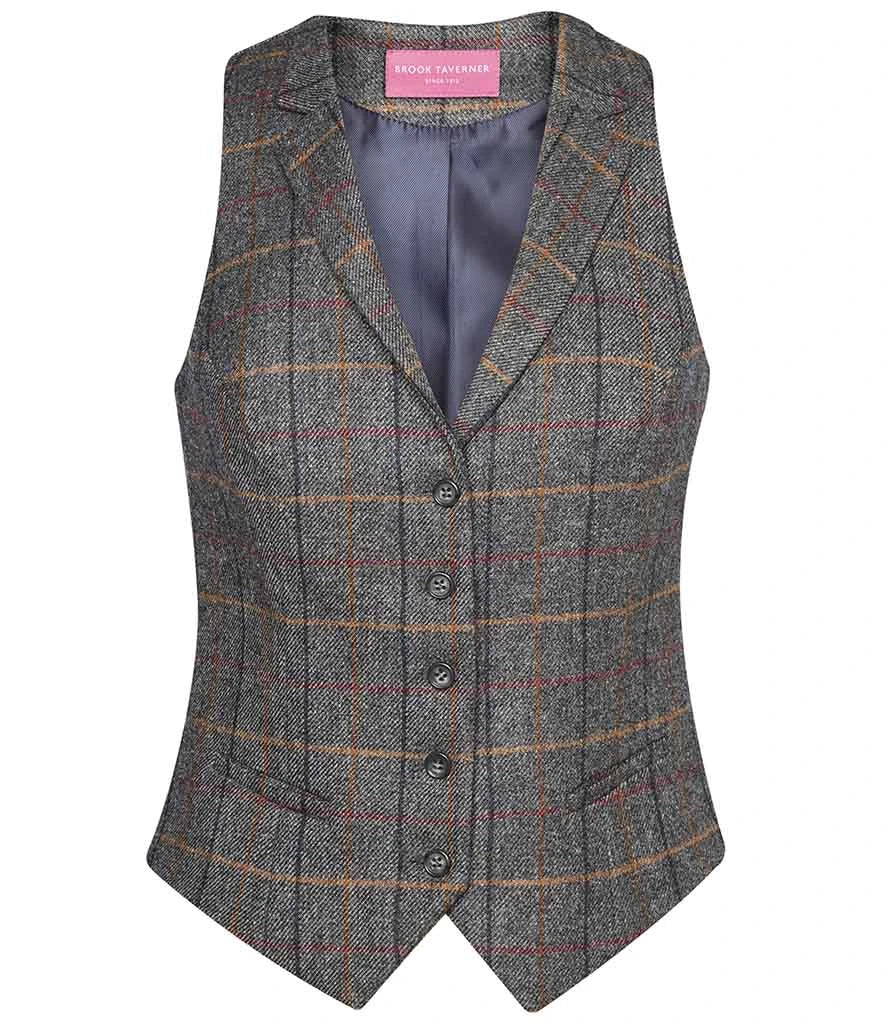 Brook Taverner Ladies Nashville Tweed Waistcoat — Grey Brown Check