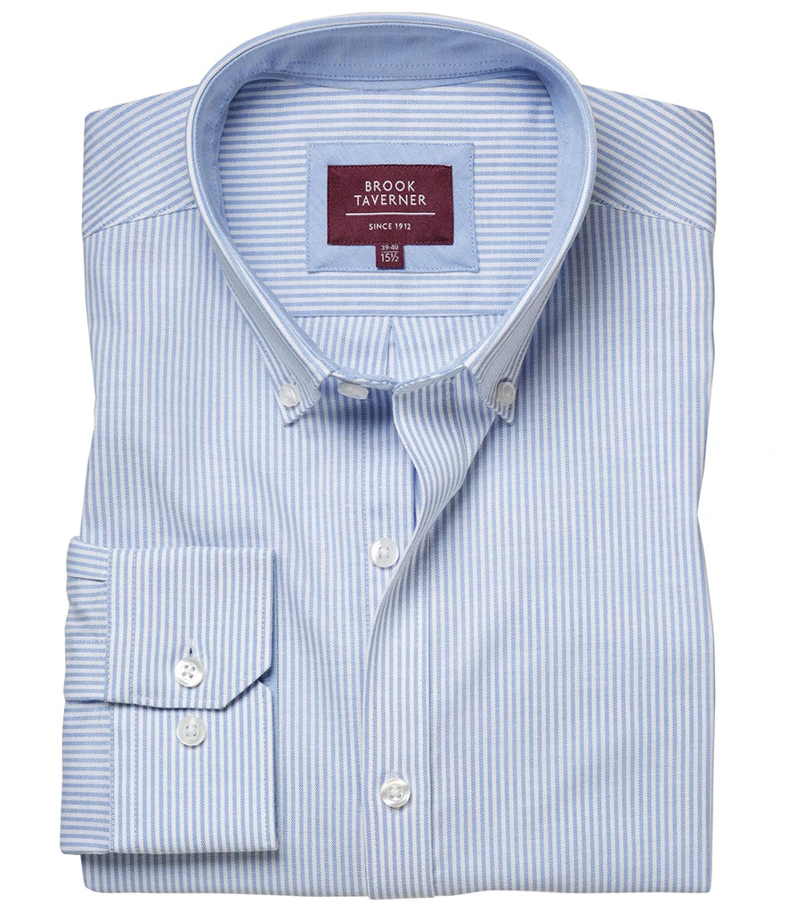 Brook Taverner Lawrence Long Sleeve Stretch Oxford Shirt — Sky Blue Stripe