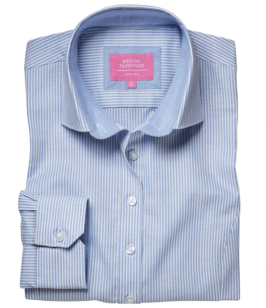 Brook Taverner Ladies Mirabel Long Sleeve Stretch Oxford Shirt — Sky Blue Stripe