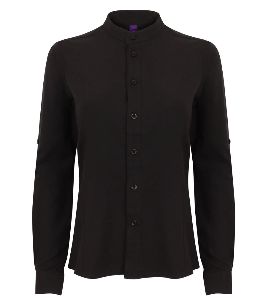 Henbury Ladies Mandarin Roll Sleeve Anti-Bac Wicking Shirt — Black