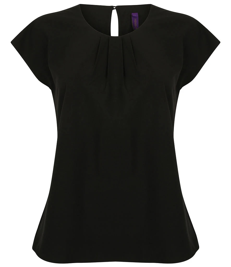 Henbury Ladies Pleat Front Short Sleeve Blouse — Black
