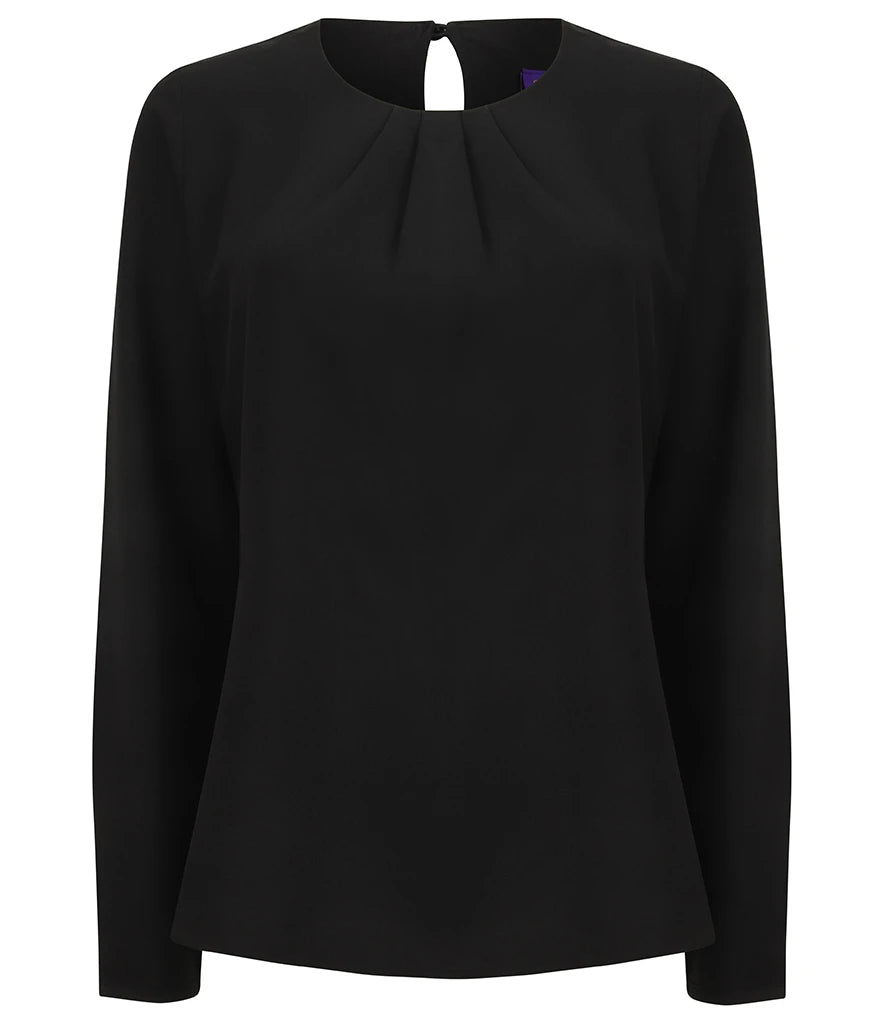 Henbury Ladies Pleat Front Long Sleeve Blouse — Black
