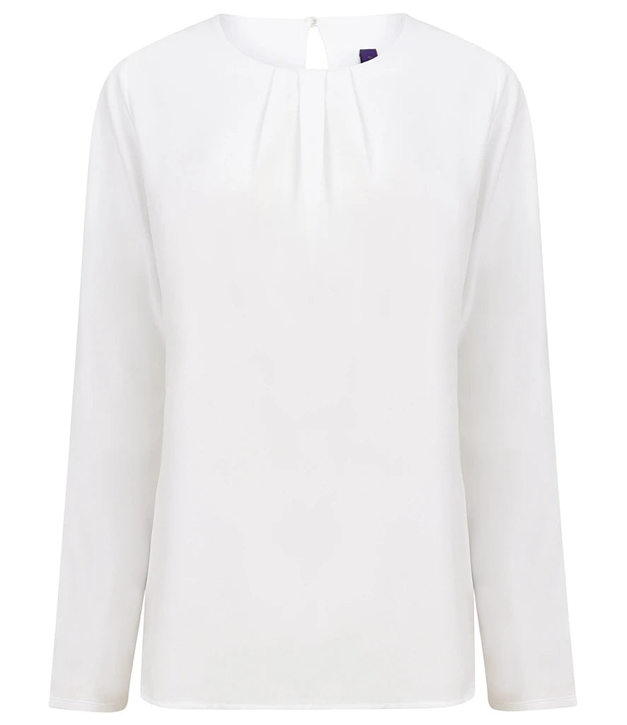 Henbury Ladies Pleat Front Long Sleeve Blouse — White