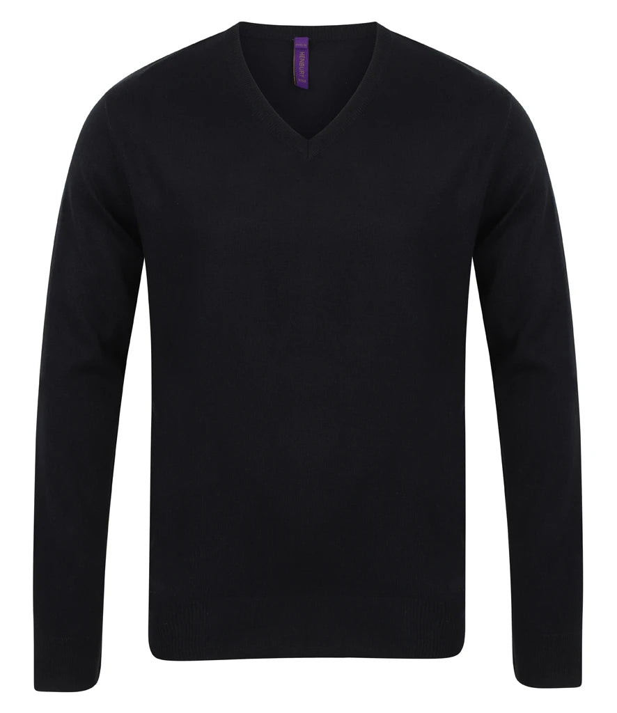 Henbury Lightweight Cotton Acrylic V Neck Sweater — Black