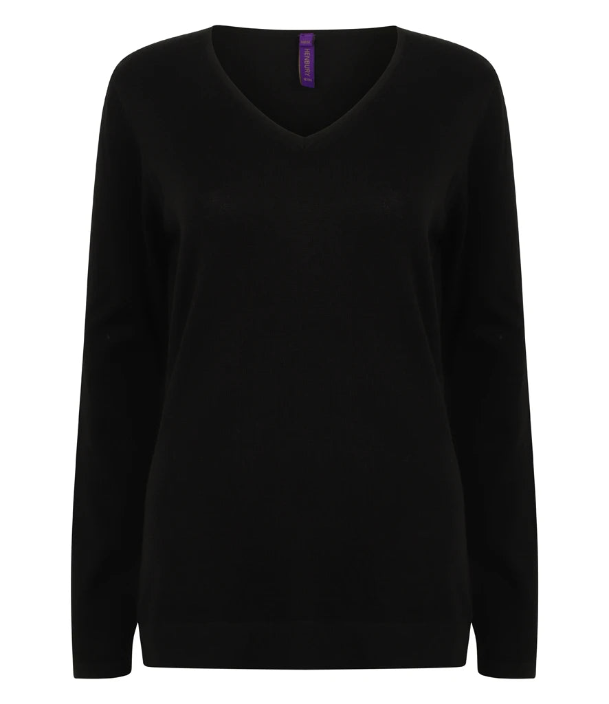 Henbury Ladies Lightweight Cotton Acrylic V Neck Sweater — Black