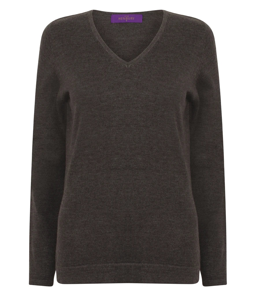 Henbury Ladies Lightweight Cotton Acrylic V Neck Sweater — Grey Marl