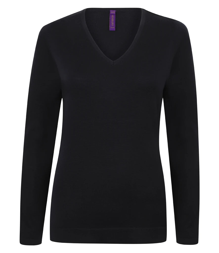 Henbury Ladies Lightweight Cotton Acrylic V Neck Sweater — Navy