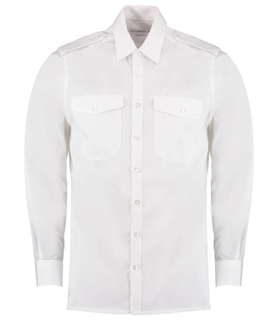 Kustom Kit Long Sleeve Tailored Pilot Shirt — White