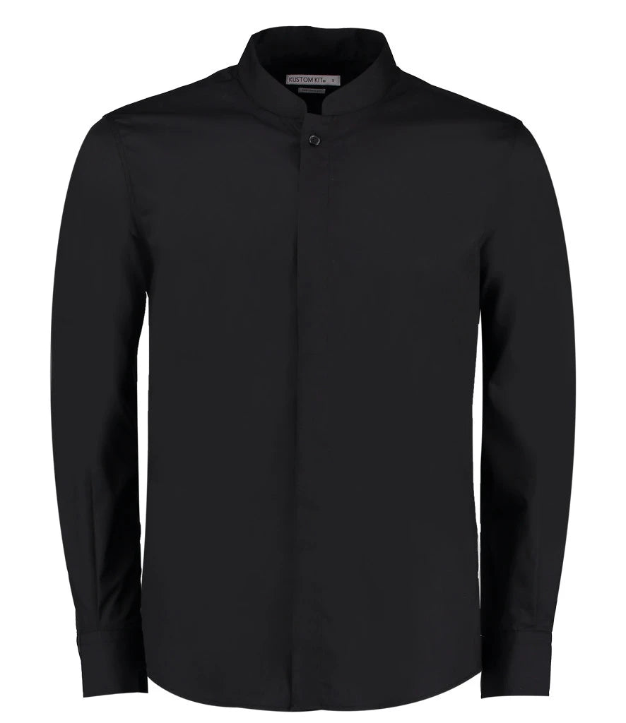 Kustom Kit Long Sleeve Tailored Mandarin Collar Shirt — Black