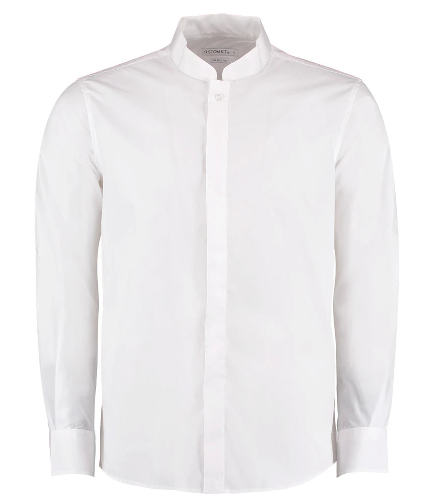Kustom Kit Long Sleeve Tailored Mandarin Collar Shirt — White