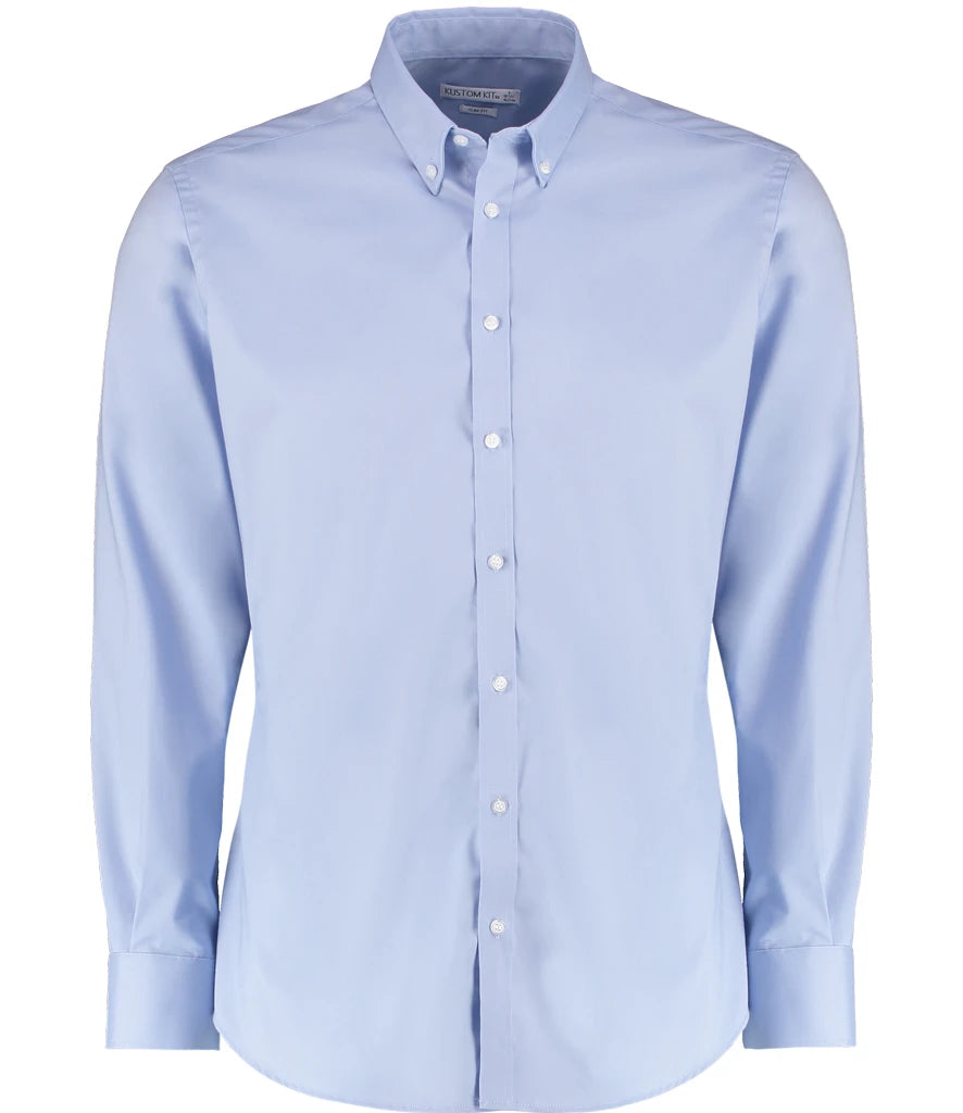 Kustom Kit Slim Fit Stretch Long Sleeve Oxford Shirt — Light Blue