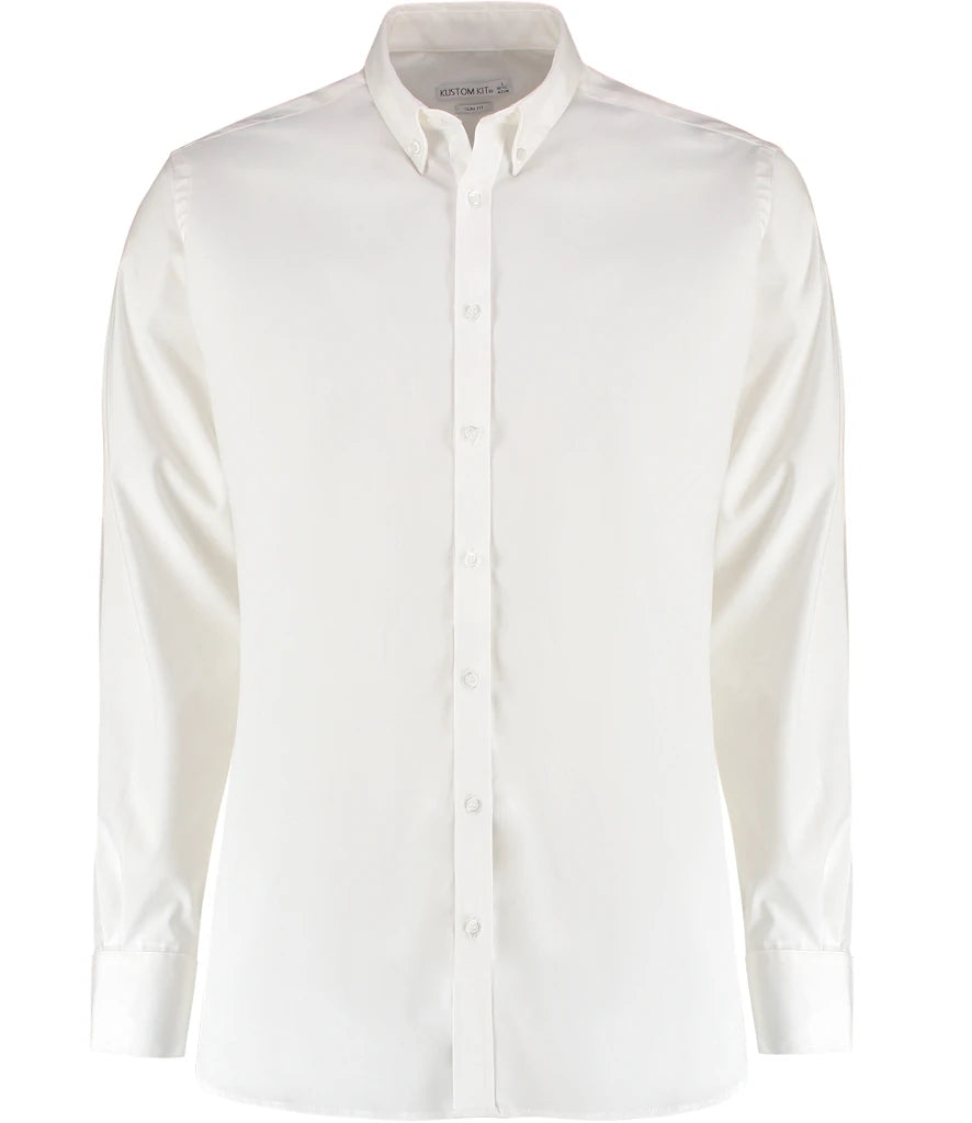 Kustom Kit Slim Fit Stretch Long Sleeve Oxford Shirt — White