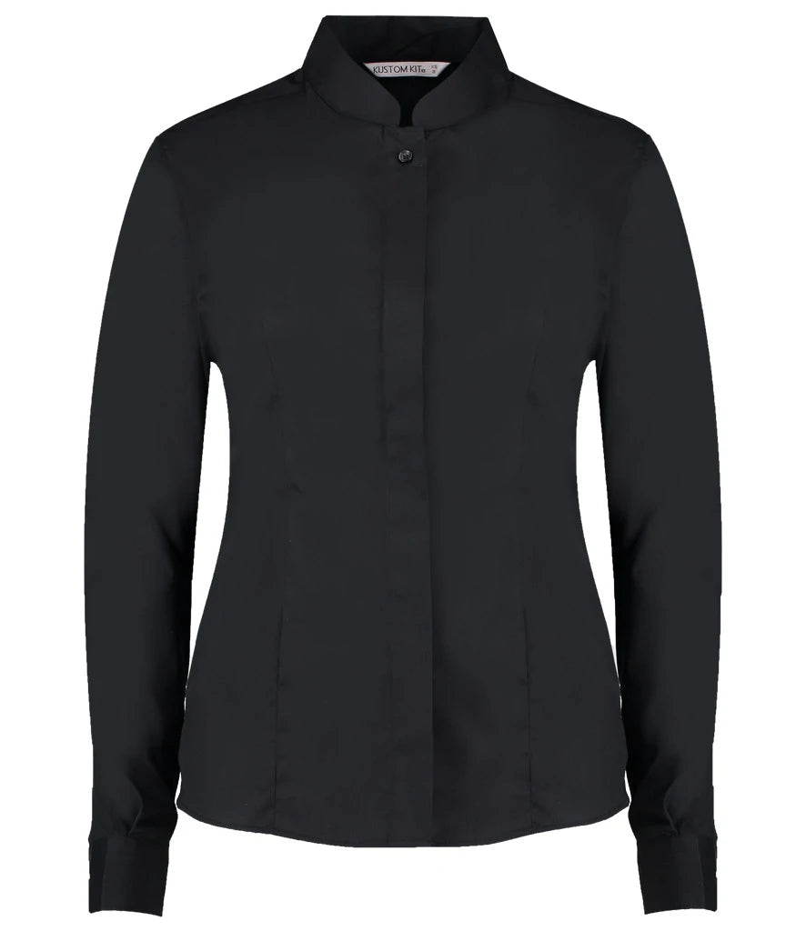 Kustom Kit Ladies Long Sleeve Tailored Mandarin Collar Shirt — Black