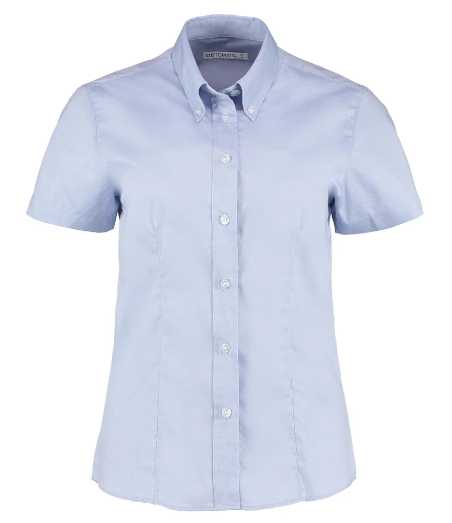 Kustom Kit Ladies Premium Short Sleeve Tailored Oxford Shirt — Light Blue