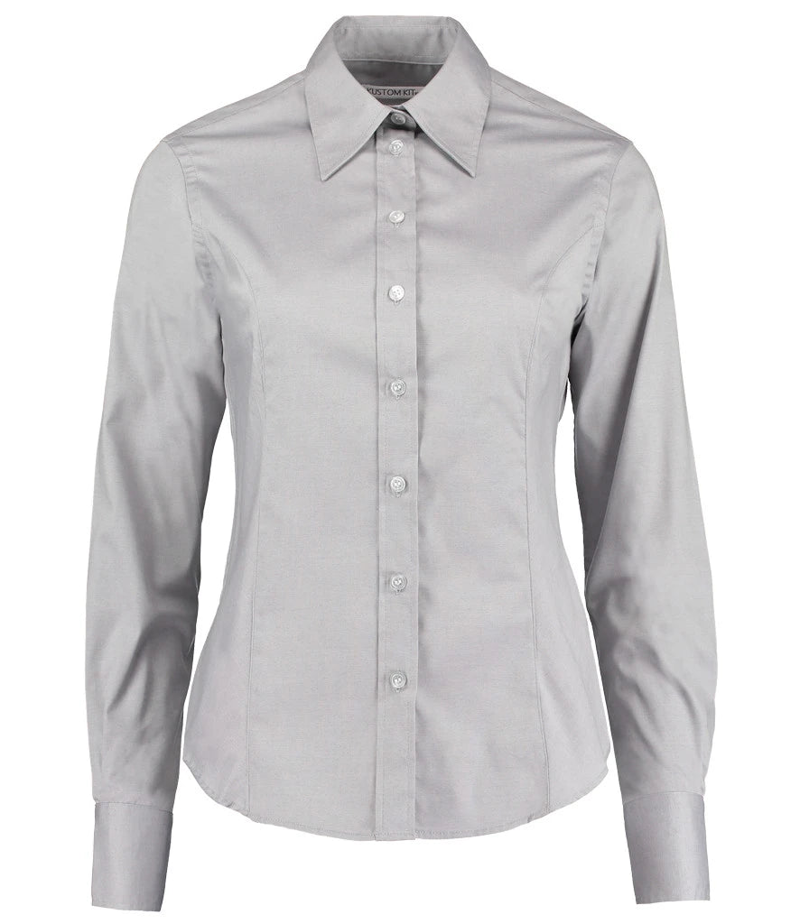Kustom Kit Ladies Premium Long Sleeve Tailored Oxford Shirt — Silver