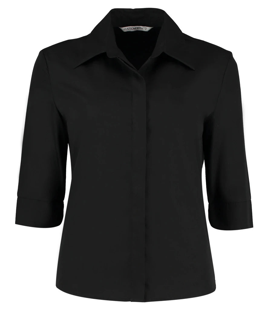 Kustom Kit Ladies 3/4 Sleeve Tailored Continental Shirt — Black