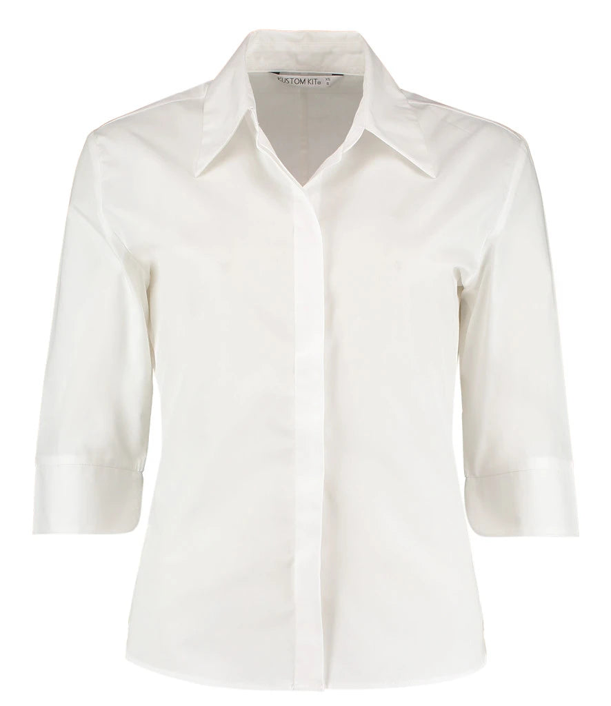 Kustom Kit Ladies 3/4 Sleeve Tailored Continental Shirt — White