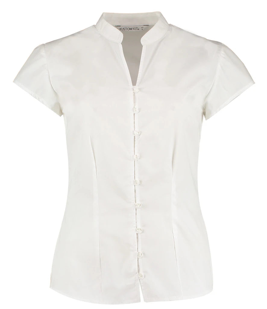 Kustom Kit Ladies Cap Sleeve V Neck Tailored Continental Blouse — White