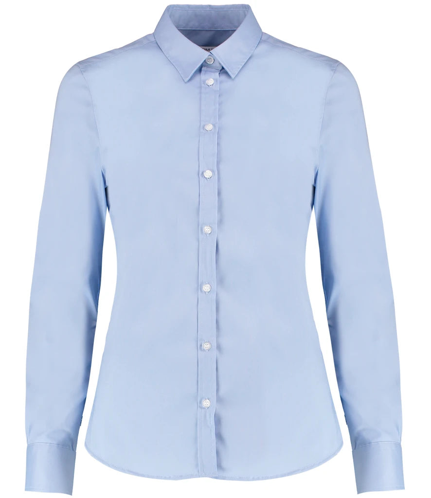Kustom Kit Ladies Long Sleeve Tailored Stretch Oxford Shirt — Light Blue