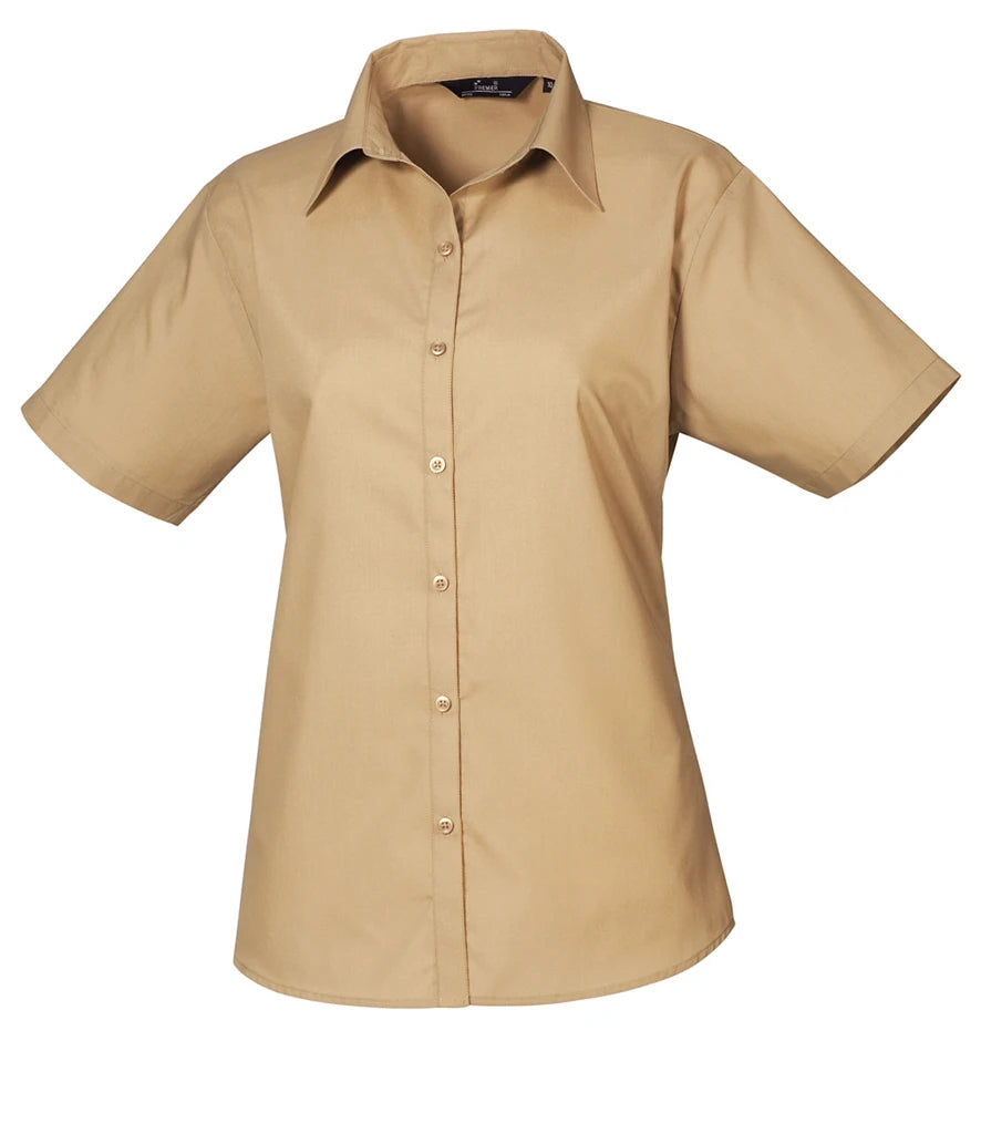 Premier Ladies Short Sleeve Poplin Blouse — Khaki