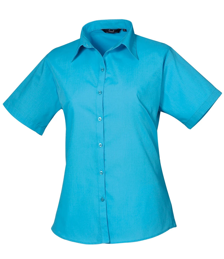Premier Ladies Short Sleeve Poplin Blouse — Turquoise Blue