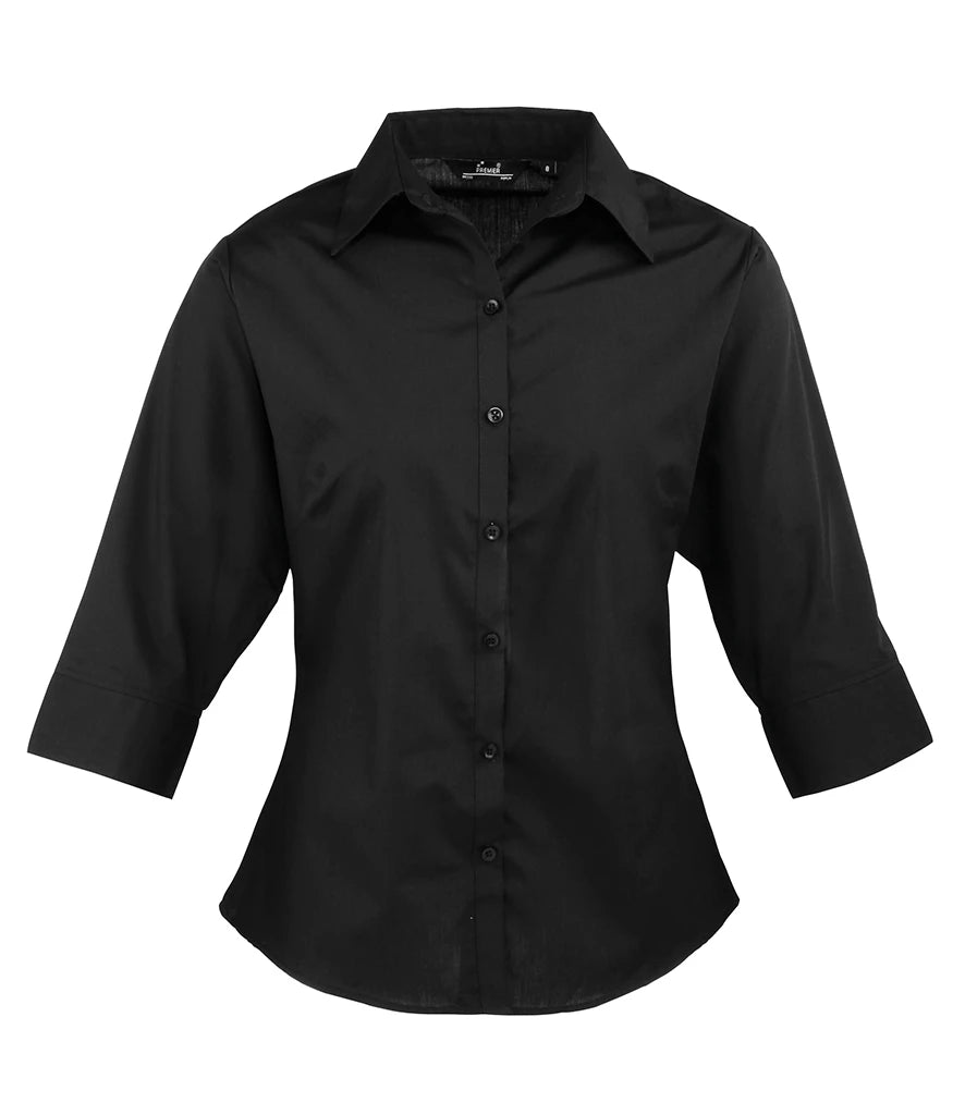 Premier Ladies 3/4 Sleeve Poplin Blouse — Black