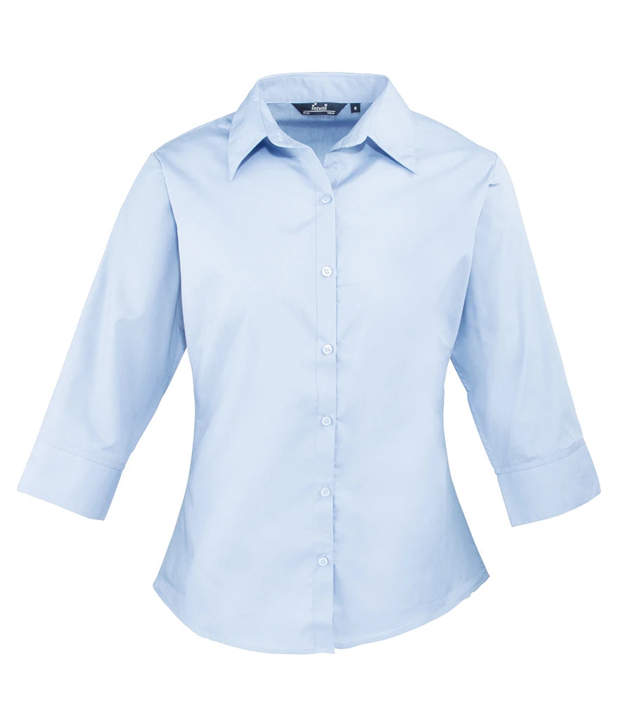 Premier Ladies 3/4 Sleeve Poplin Blouse — Light Blue