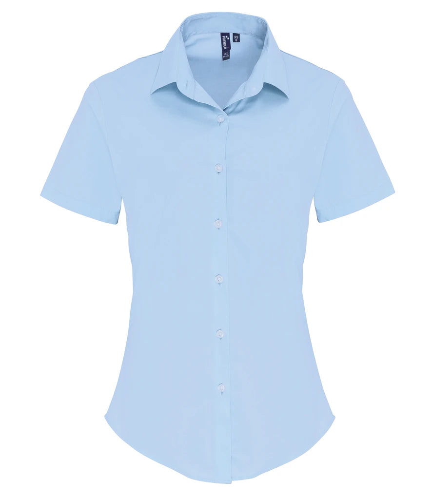 Premier Ladies Short Sleeve Stretch Fit Poplin Shirt — Pale Blue