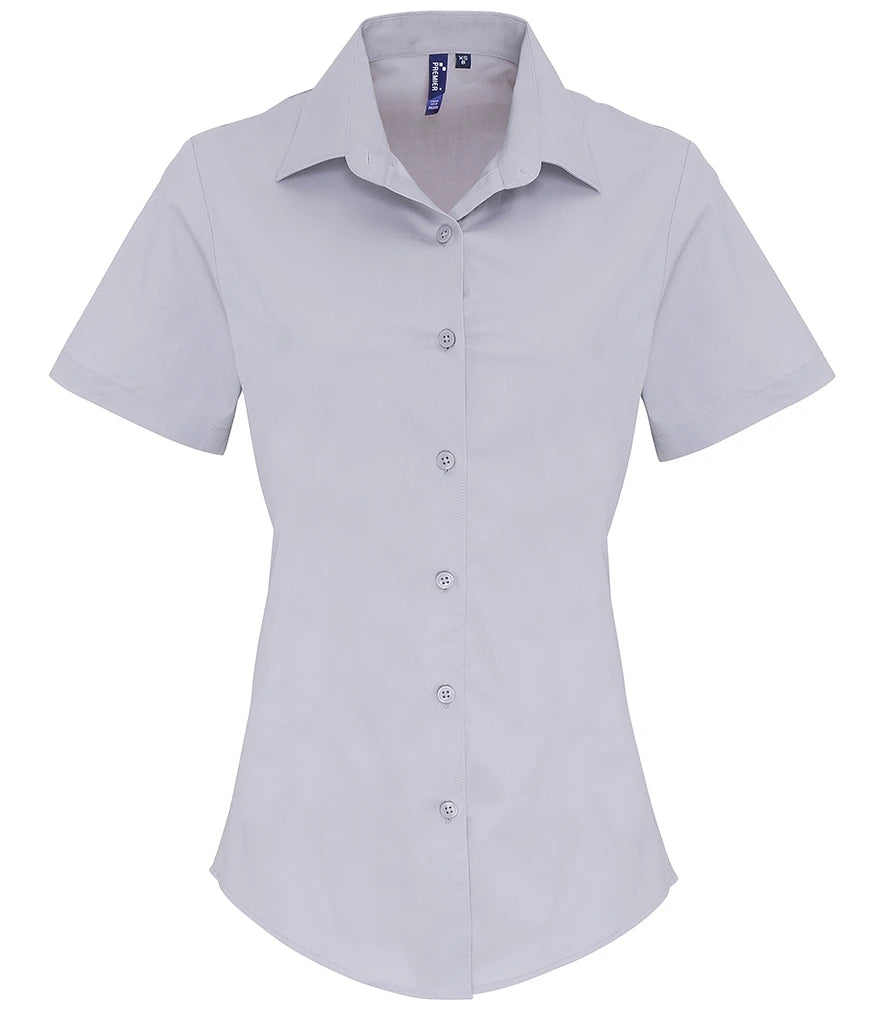 Premier Ladies Short Sleeve Stretch Fit Poplin Shirt — Silver