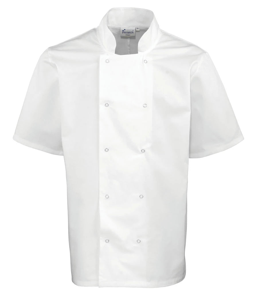 Premier Unisex Short Sleeve Stud Front Chef's Jacket — White