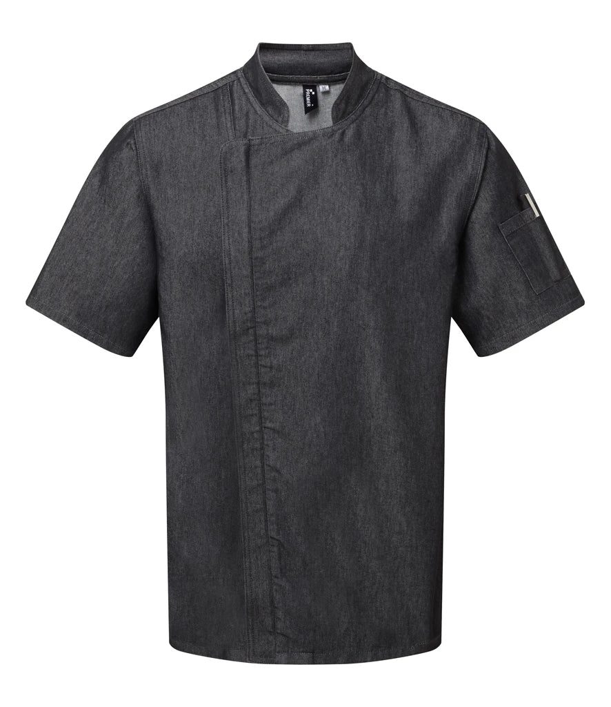Premier Short Sleeve Zipped Chef's Jacket — Black Denim