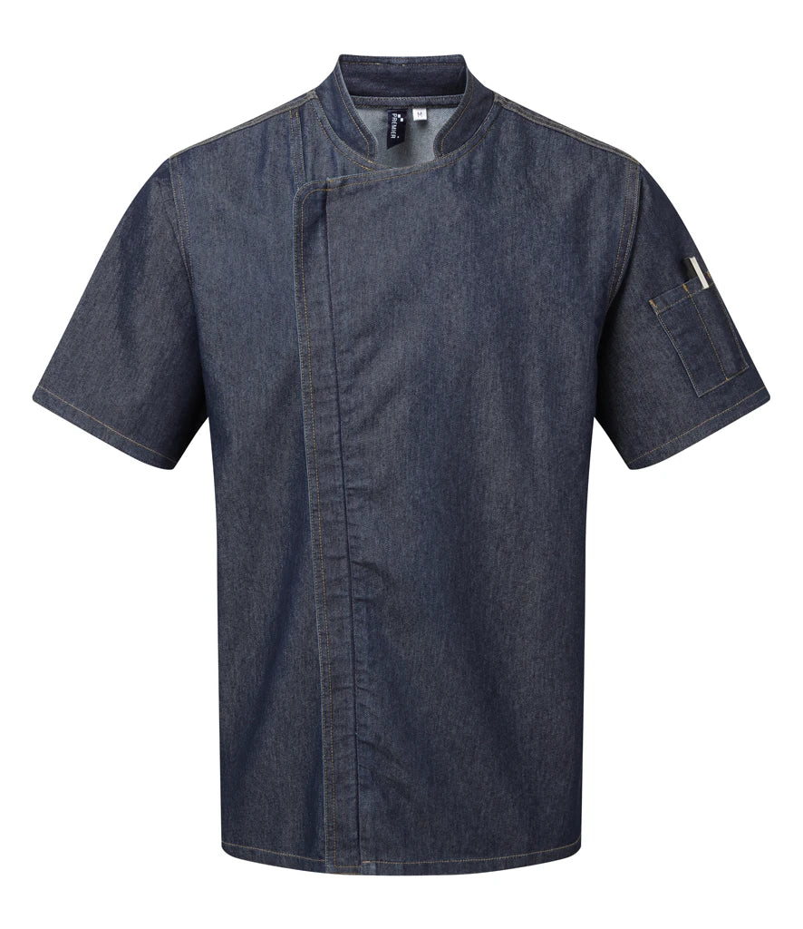Premier Short Sleeve Zipped Chef's Jacket — Indigo Denim