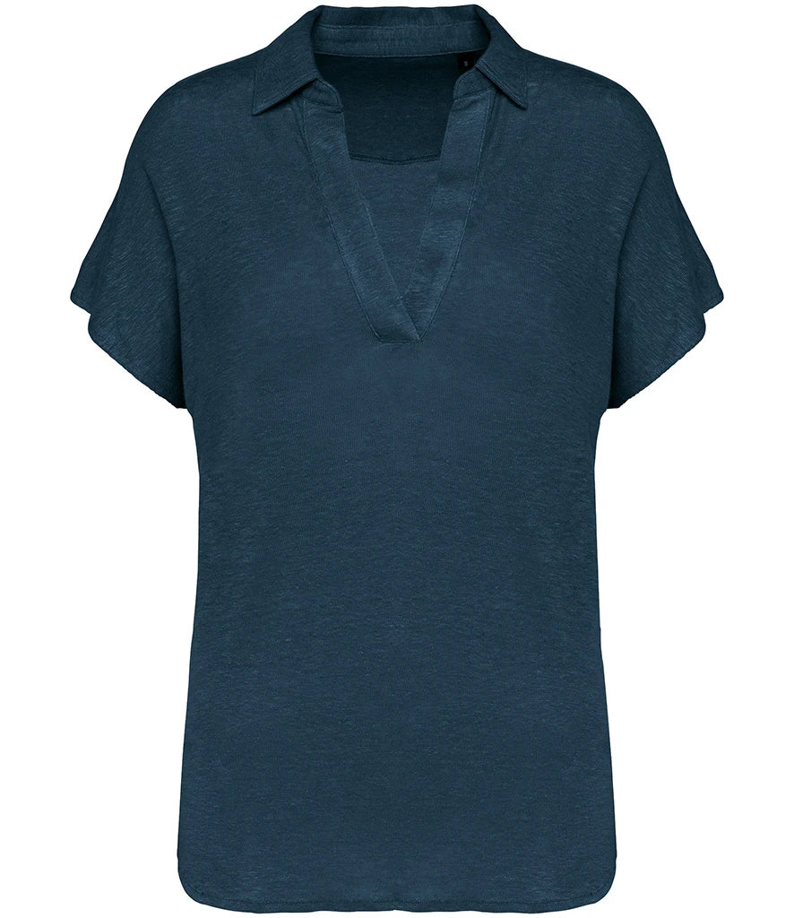 Spasso Ladies Linen Polo Shirt — Peacock Blue