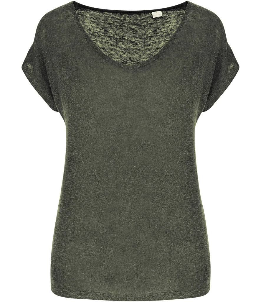 Spasso Ladies V Neck Linen T-Shirt — Organic Khaki